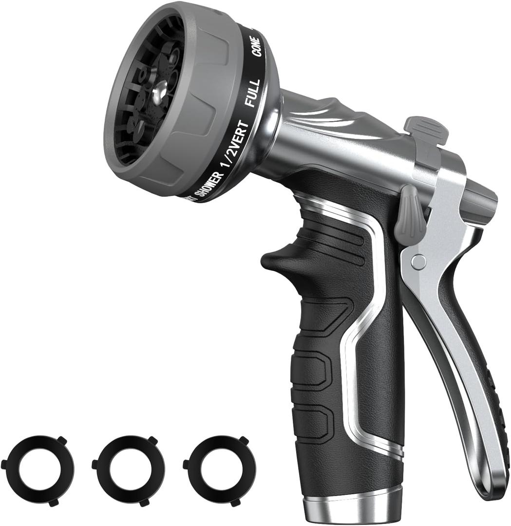Garden Hose Nozzle, Heavy Duty Metal Water Hose Nozzle with 8 Adjustable Spray Patterns, High Pressure Hand Sprayer with Flow Control for for Garden Watering, Car & Pet Washing (Black)