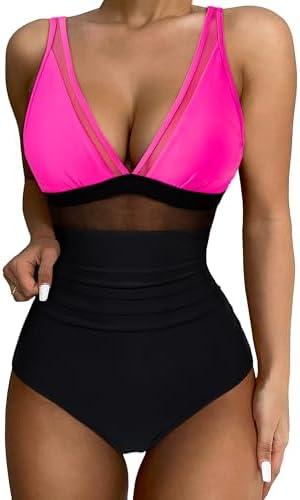 SUUKSESS Women Sexy Mesh Tummy Control Swimsuit Push Up High Waisted Bathing Suit  (Hot Pink Black, 2XL)