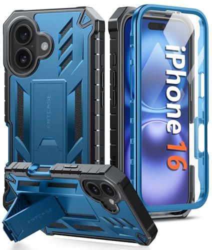 FNTCASE for iPhone 16 Phone Case: Military Grade [Built-in Screen Protector] [Kickstand] Matte Textured Drop Proof Protection Cover | Rugged Shockproof TPU Protective Sturdy Cases - Blue