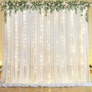 10x10ft White Chiffon Backdrop Curtain with Lights String for Wedding Sheer Tulle Curtain Photo Backdrops Drapes for Baby Shower Birthday Party Home Ceremony Decorations