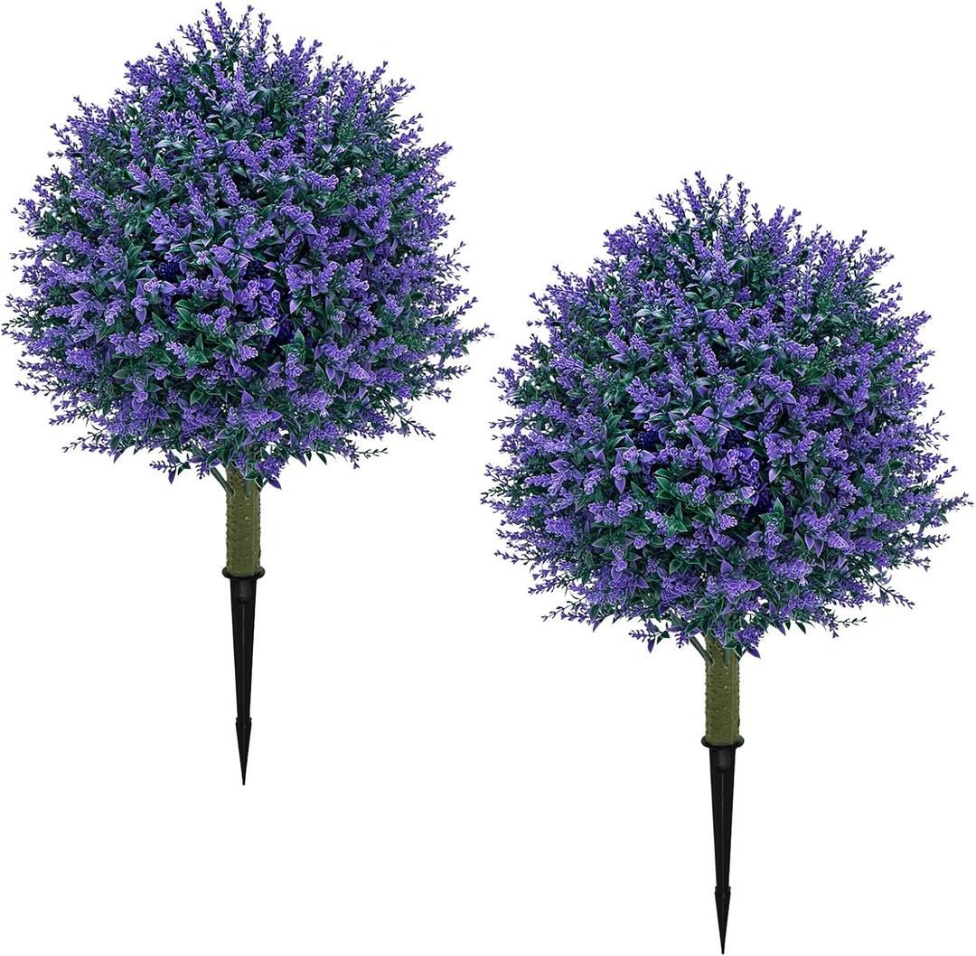 23.6'' Faux Lavender Artificial Topiaries Ball Trees Set of 2 with Ground Spikes for Fall Front Porch Decor, Fake Bushes UV Resistant Artificial Shrubs Outdoor Plants Fake Topiaries Home Decor 23.6'' Faux Lavender Artificial Topiaries Ball Trees Set of 2 with Ground Spikes for Fall Front Porch Decor, Fake Bushes UV Resistant Artificial Shrubs Outdoor Plants Fake Topiaries Home Decor