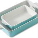 Ceramic Baking Casserole Dish with Handles, Large 9x13 inch Pan and Middle Baking Pan - Porcelain Serving Bakeware Set (Light Blue, 2 pc)