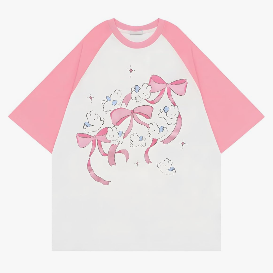 Harajuku Kawaii Clothes Casual Soft Crewneck Raglan Sleeve Cute Cartoon Graphic Bunny with Bows Print T-Shirt, Size: S