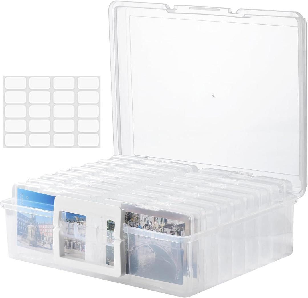 ALINK Photo Storage Box with Handle, 4" x 6" Photo Case Craft Keeper Organizer Container with 16 Inner Case and Label for Pictures, Arts, Crafts, Sewing, Stickers, Office Supplies - Clear