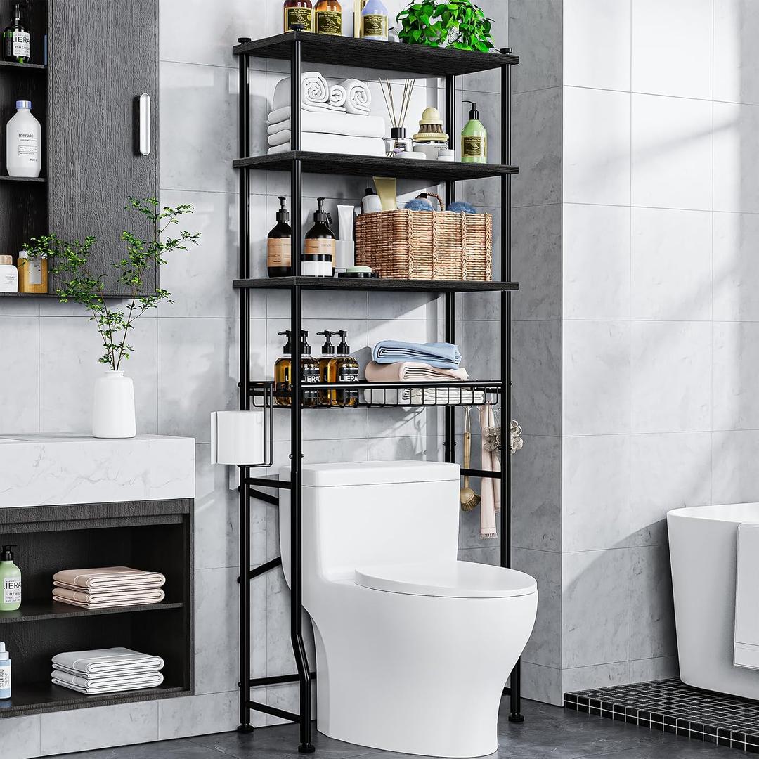 Mlinavn Over-The-Toilet Storage Rack, 4-Tier Bathroom Organizer Shelf Over Toilet with Adjustable Shelf and Basket, Freestanding Space Saver Bathroom Shelves Above Toilet for Room (Black), Large