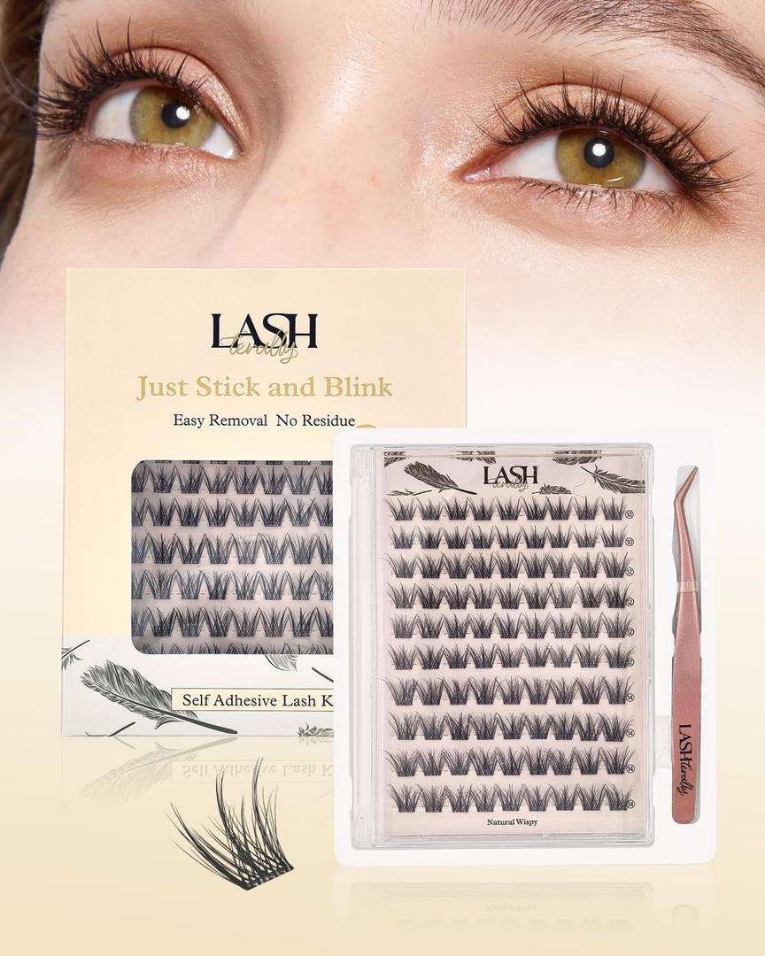 Self Adhesive Eyelashes Glue Free Lash Clusters Easy Removal Ultra Thin Lightweight Press on lashes Natural Wispy 10-14mm Fluffy False Eyelashes 90 Clusters Lash Clusters Kit