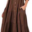 R.Vivimos Women's Summer Cotton Half Sleeves Button Down Casual Loose Slit Midi Dress with Pockets (Medium)