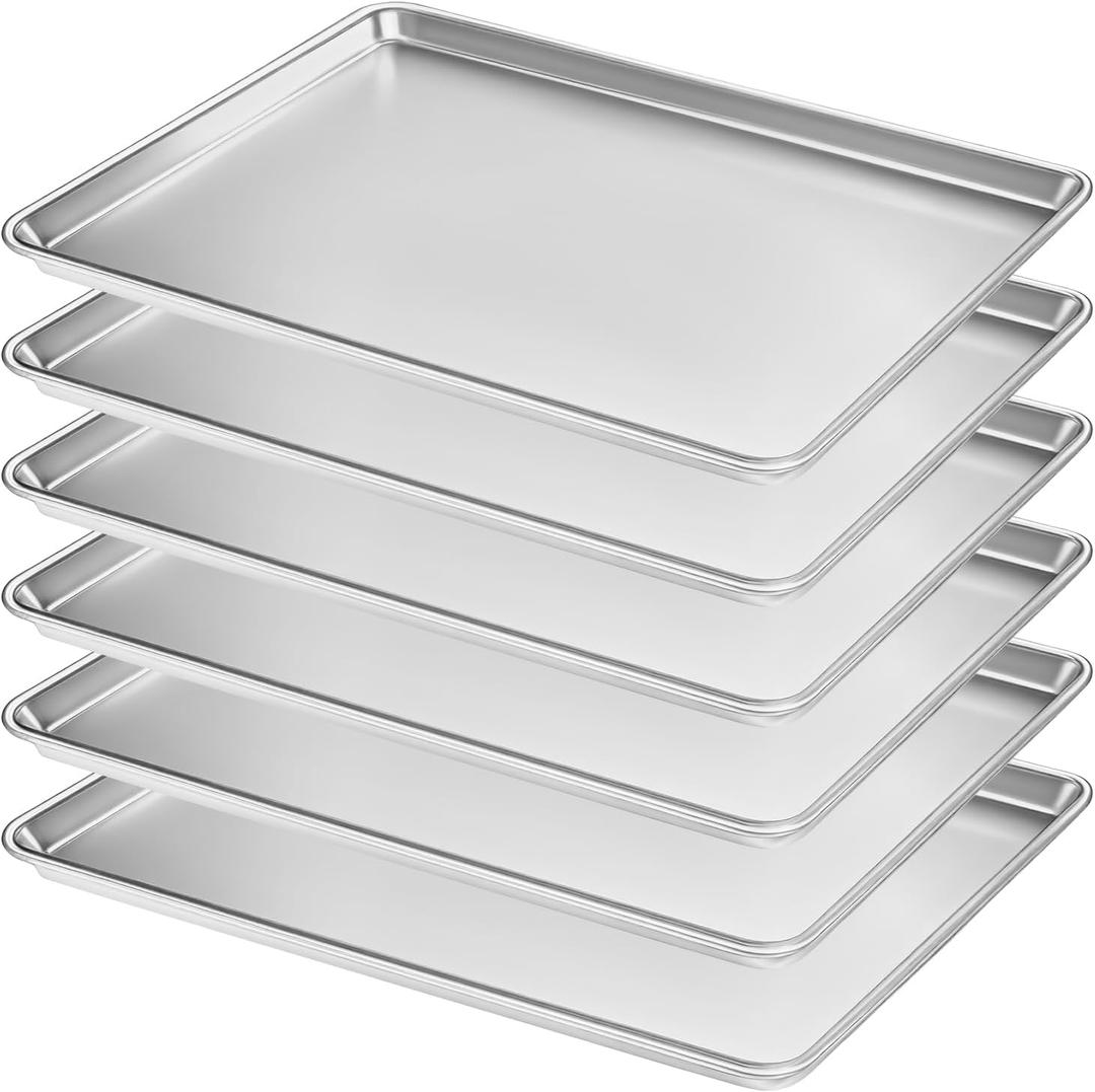 Full Size Commercial Quality Baking Sheet Pan, Bastwe Aluminum Cookie Tray Pan for Oven, Freezer, Bakery, Hotel Restaurant, Thick Steel Rim Prevents Warping (6 Pack, 26 x 18 Inch), 6pk Full Size Sheet