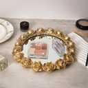 Gold Rose Mirrored Vanity Tray - Ornate Makeup Vintage Round Perfume Dresser Jewelry Trinket Organizer for Bathroom Storage Home Decor
