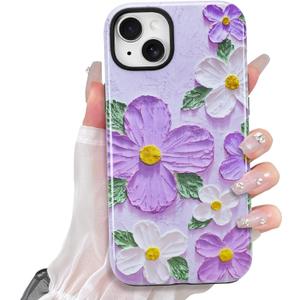 KANGHAR Cute Case for iPhone 14 Case for Women Girls [Compatible with MagSafe] Purple & White Oil Painting Floral Print Pattern Design, Aesthetic Girly Flowers Magnetic Protective Phone Cover