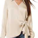 GRACE KARIN Women's Satin Silk Blouses Wrap V Neck Shirts Long Sleeve Elegant Tie Waist Office Formal Work Tunic PulloverTops (Beige)