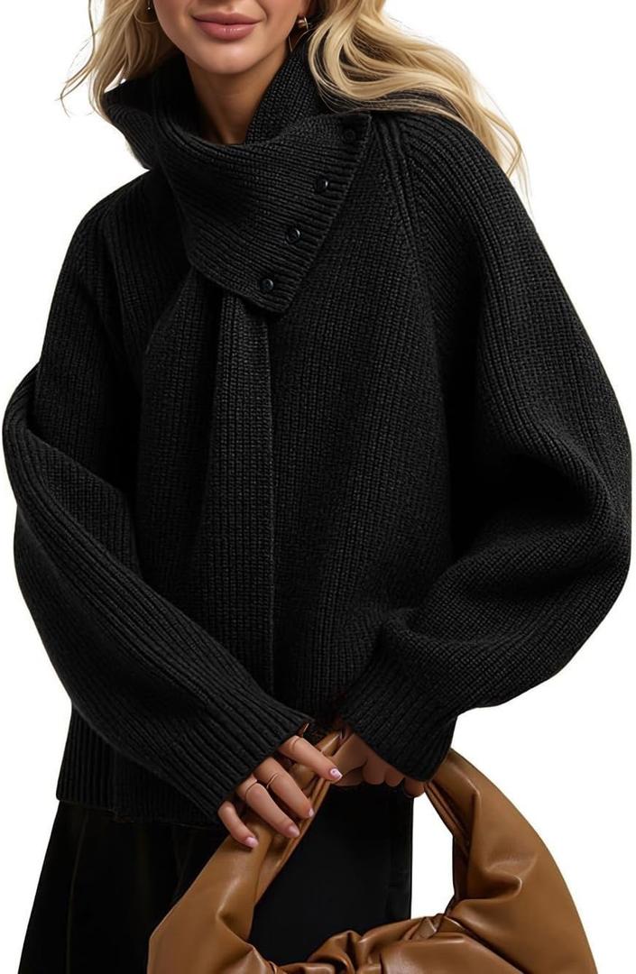 ALPSWARE Women V Neck Sweater with Buttons Pullovers Tops for Women with Scarf 2025 Winter Fall Fashion Black (Black, L)