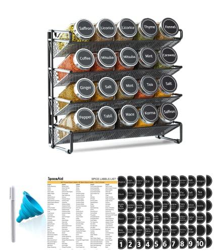 SpaceAid Spice Rack Organizer with 20 Spice Jars, 386 Spice Labels, Chalk Marker and Funnel Set for Cabinet, Countertop, Pantry, Cupboard or Door & Wall Mount - 20 Jars, 9.8" W × 10.8“H, Black, Ink Pen Is Broken