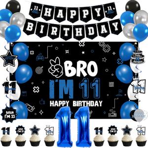 Vlipoeasn 11th Birthday Decorations Set for Boys Girls, 37PCS Black Blue 11 Year Old Birthday Backdrop Banner, Black Blue Bruh I'm 11 Party Supplies