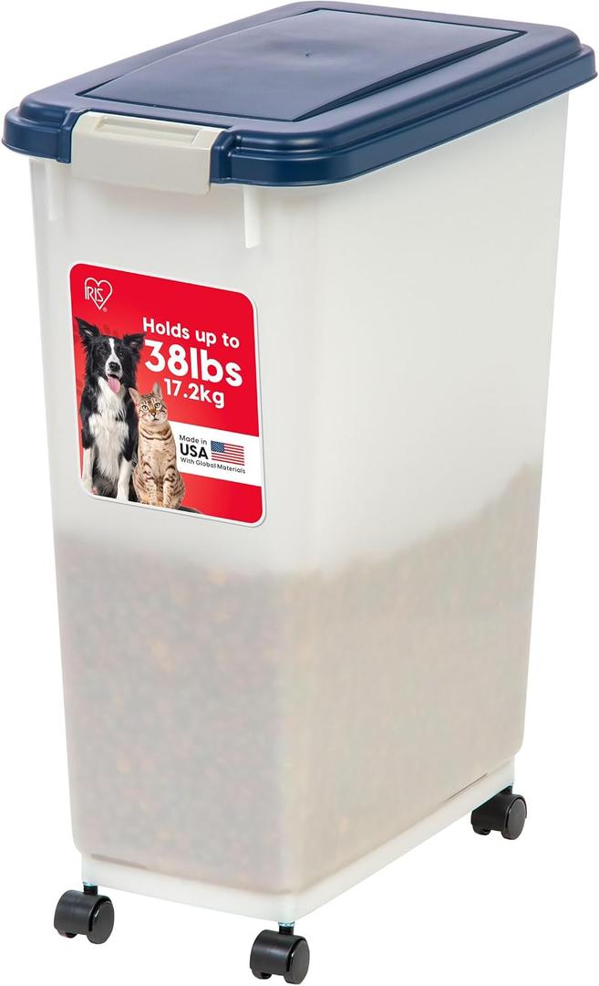 IRIS USA Airtight Dog Food Storage Container, Up to 38 lbs, Attachable Wheels, For Dog Cat Bird and Other Pet Food Storage Bin, Keep Fresh, Easy Mobility, BPA Free, Navy/Pearl, 38 lbs - 1 Pack