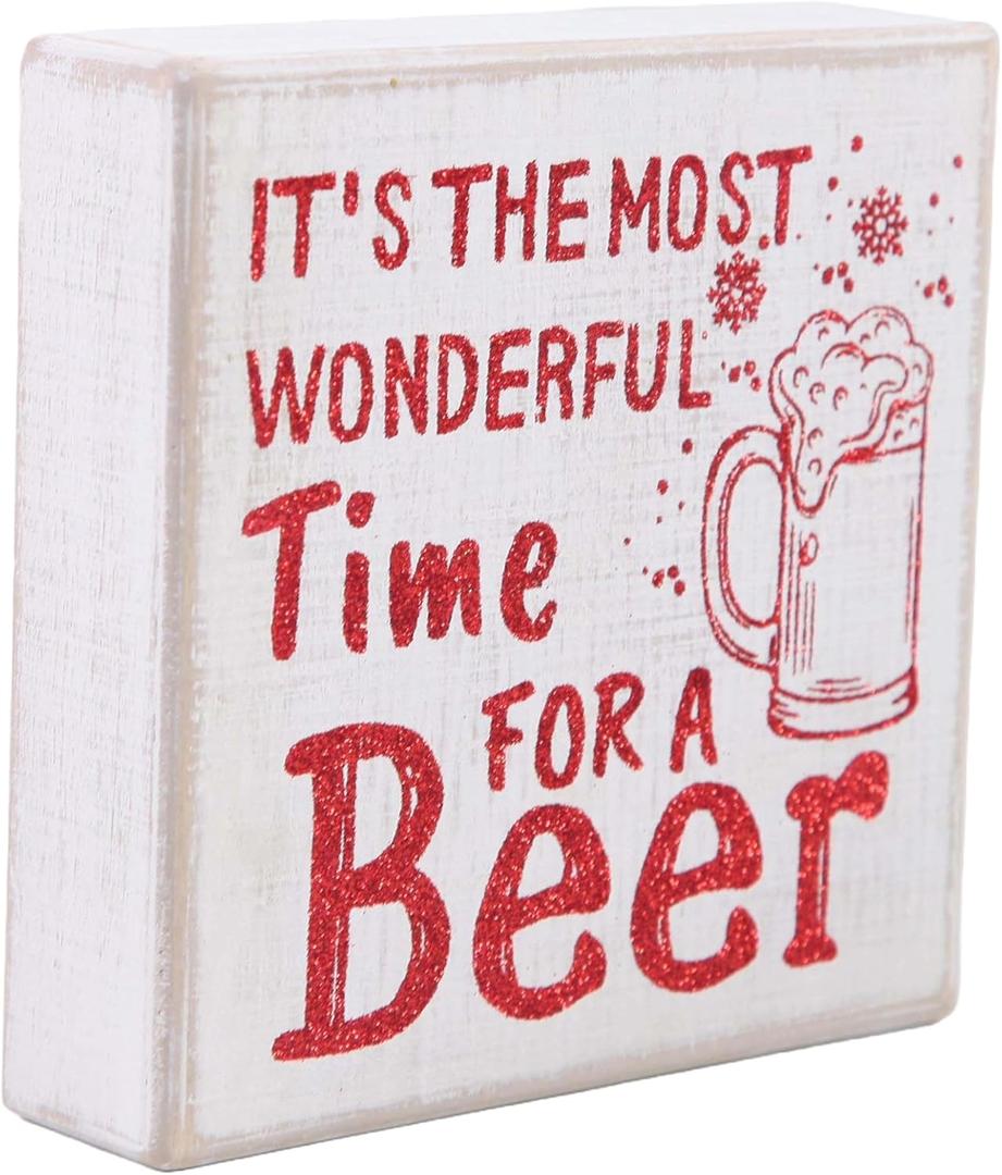 Its the Most Wonderful Time for a Beer Rustic Wood Sign  6 x 6 Red Glitter Christmas Bar Decor  Funny Holiday Sign for Kitchen, Bar, Man Cave, Beer Lovers, Stocking Stuffer Gift