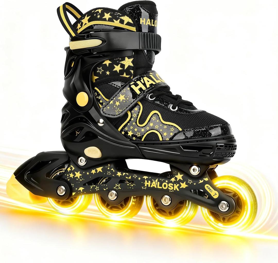 HALOSK Kids Inline Skates for Girls Boys with Light Up Wheels, Adjustable Blade Skates Gradient Glitter Star with Breathable Comfort Liner for Youth Beginners, Large- Youth 