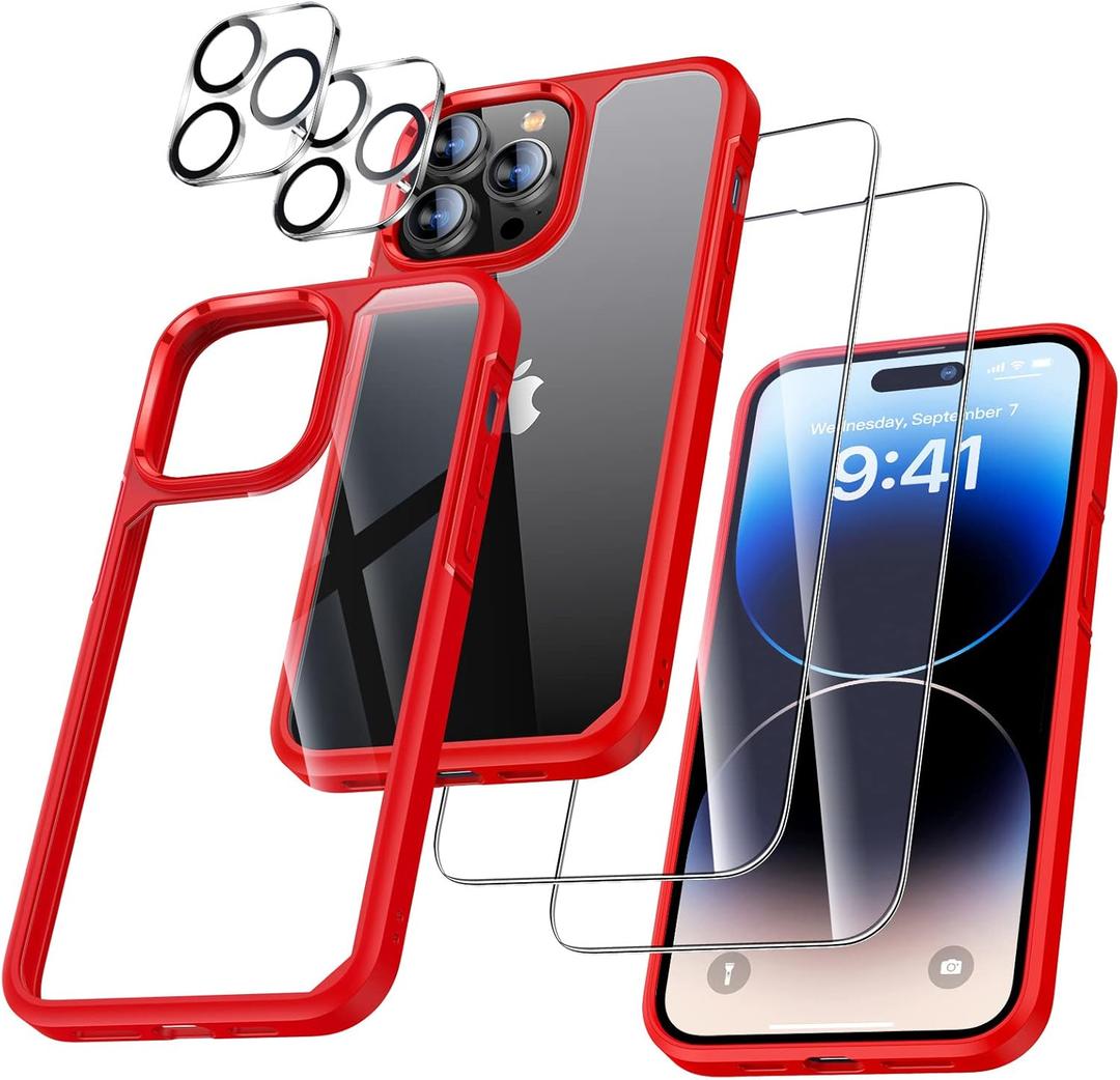 3 x UniqueMe [5 in 1 Design for iPhone 14 Pro 6.1 inch Case, 2 Pack Screen Protector Tempered Glass + 2 Pack Camera Lens Protector, [Non-Yellowing] Shockproof Ultra Thin Protective Cover - Red