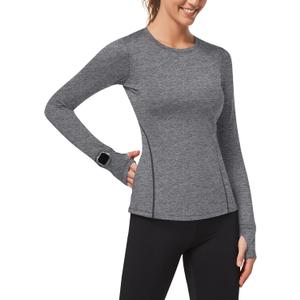 Loovoo Thermal Shirts for Women Long Sleeve Workout Tops Crewneck Fleece Base Layer Running Athletic Tee with Zipper Pocket (Medium, 2-light Grey)