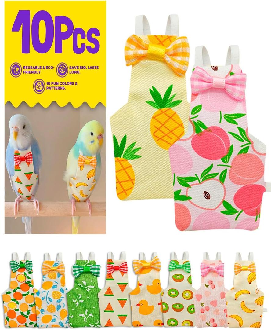 10Pcs Reusable Bird Diapers - Washable Parrot Nappy with Waterproof Lining & Adjustable Straps for Pigeons (Size M)