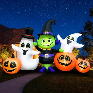 7FT Halloween Inflatable Decoration with Witch Ghost Blow Up Green Sprite with Pumpkins Set Yard Decorations Built in LED for Halloween Fall Holiday Party Indoor Garden, Lawn, Yard, Patio Decor