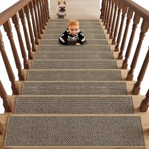 7pcs 8X30 Inches Non Slip Stair Treads for Wooden Steps Indoor,Machine Washable Rubber Backing Stair-Runners for Wooden Steps,Residue Free Carpet Stair Treads for Kids and Dogs (Brown)