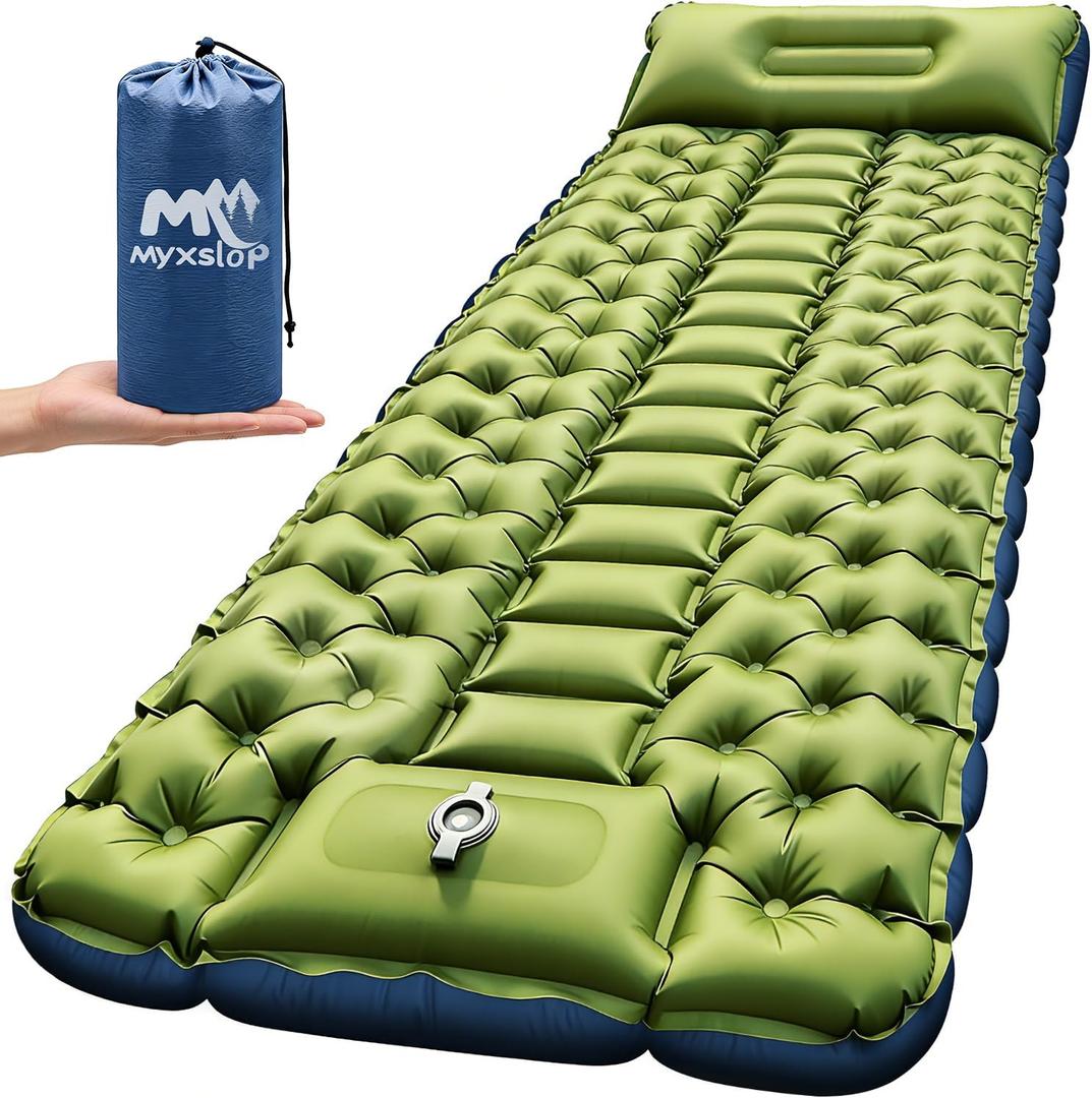 Myxslop Camping Sleeping Pad, Ultralight Inflatable Camping Mat with Pillow Built-in Foot Pump Sleeping Mat, Compact Camping Pad Gear for Backpacking Hiking Tent Travel Car Outdoor Green, Single (76"L x 27"W x 6.5"Th)