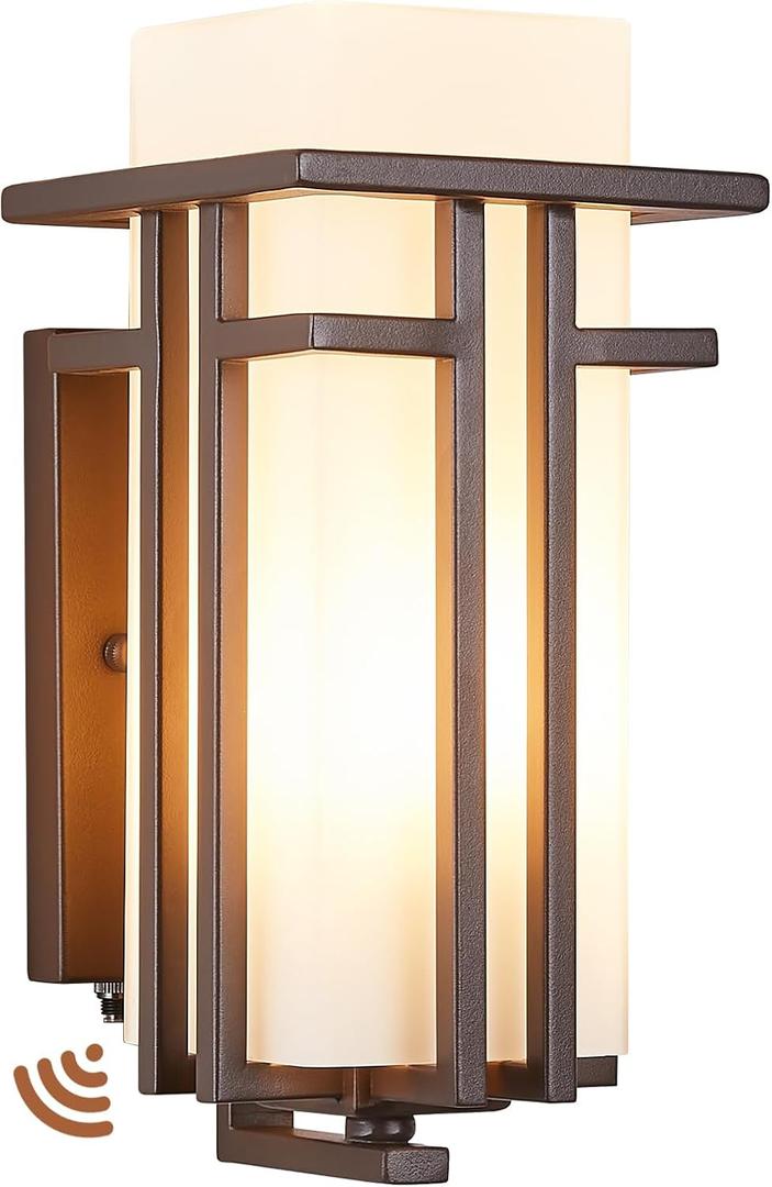 Oil Rubbed Bronze Porch Light Dusk to Dawn Outdoor Sconce Matte Brown Wall Lantern with Frosted Glass Outside House Lighting Waterproof Exterior Light Fixture for Patio Yards Garage Front Door