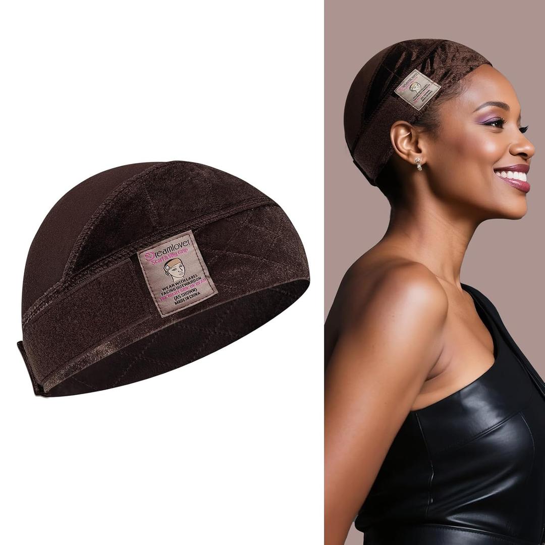 Dreamlover Wide Wig Grip Cap for Glueless Wigs, 2-in-1 Dark Brown Wig Caps with Adjustable Wig Grip Headband, 1 Piece