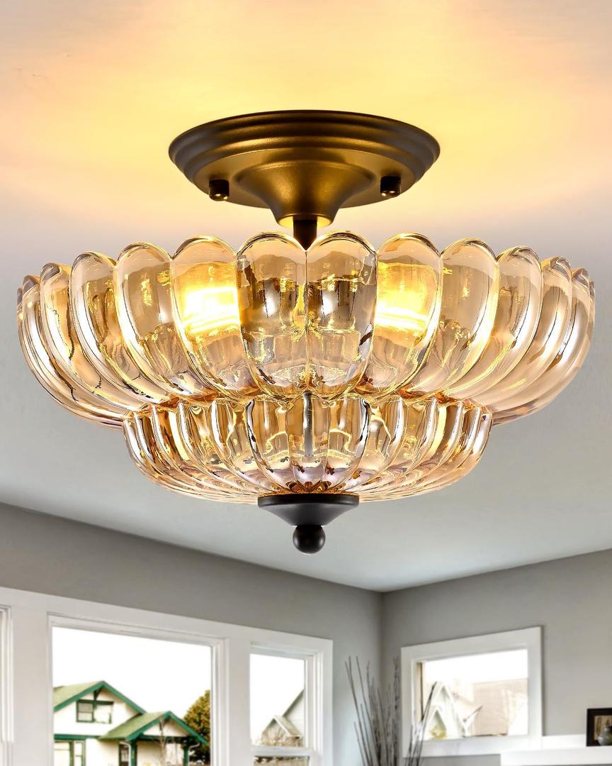 Black Semi Flush Mount Ceiling Light with Amber Glass Shades, 3-Light Modern Farmhouse Chandelier for Kitchen, Bathroom, Hallway, and Entryway