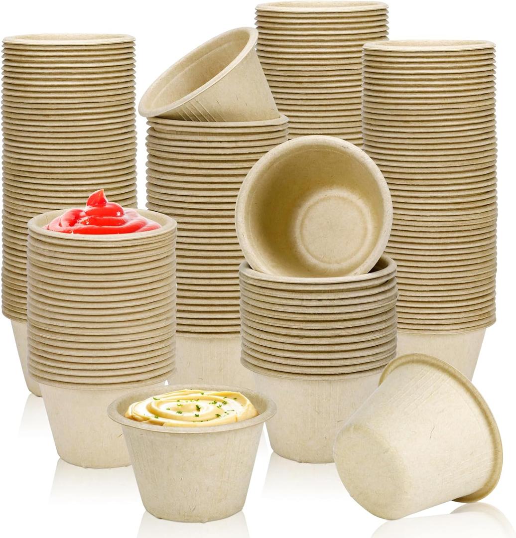 LeonBach 150 Pack 4oz Natural Bagasse Fiber Sauce Cups, Compostable Small Disposable Paper Dipping Bowls Biodegradable Condiment Portion Sample Snack Charcuterie Serving Tasting Cups (Brown)