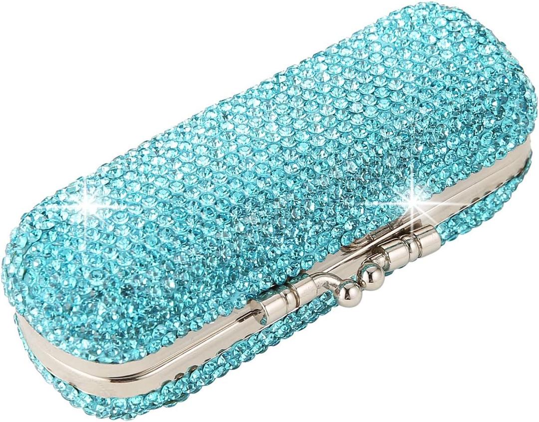 AsAlways Shiny Rhinestone Crystal Portable Lipstick Case with Mirror Portable Bling Diamonds Makeup Cosmetic Storage Holder for Travel Ladies Fashion (Blue)