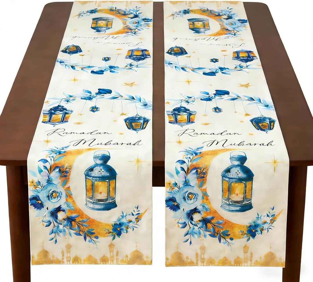 Eid Mubarak Table Runner Table Decorations 2 Pack Blue and Gold Holiday Kitchen Dining Table Runners with Moon Star and Lantern Flower for Home Party Decor 13 x 72 Inch