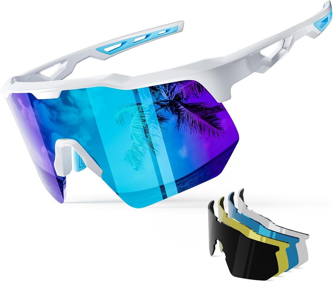 HAAYOT Polarized Sports Sunglasses for Men Women Youth Baseball Cycling Running Softball Biking Glasses 5 Lenses Bright White Sky Blue, 2 Pcs