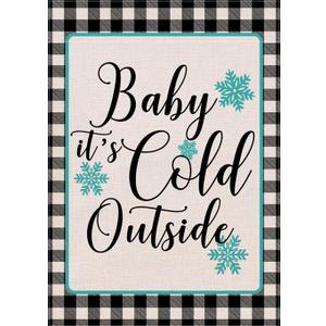 Home Decorative Winter Small Garden Flag, Baby It's Cold Outside House Yard Outdoor Christmas Black White Buffalo Plaid Check Decor, Xmas Farmhouse Seasonal Burlap Decoration Double Sided 12x18