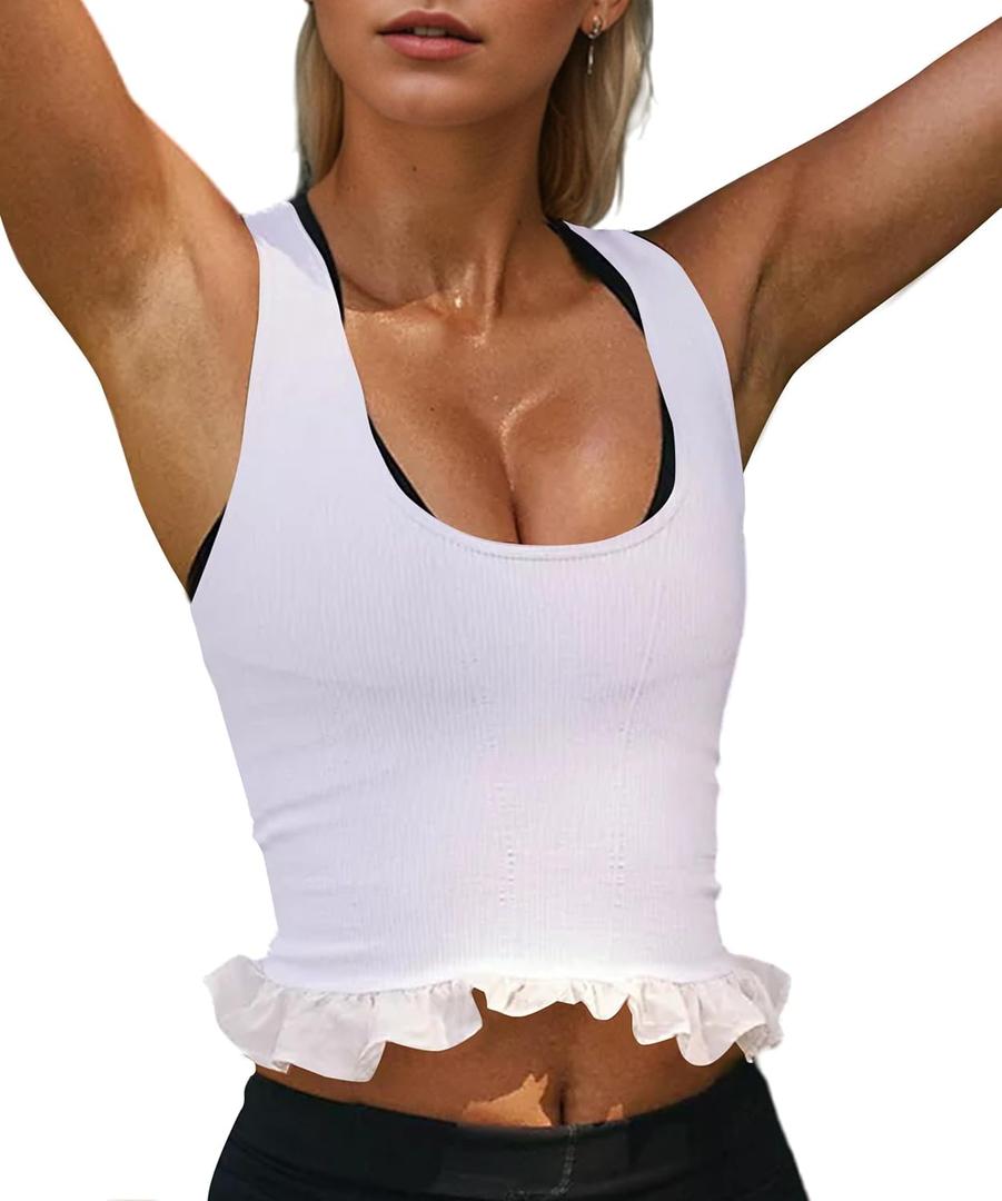 Women Ruffle Hem Racerback Workout Tank Tops Sleeveless Scoop Neck Ribbed Athletic Cami Shirts Crop Sports Tank Top White S Women Ruffle Hem Racerback Workout Tank Tops Sleeveless Scoop Neck Ribbed Athletic Cami Shirts Crop Sports Tank Top White S