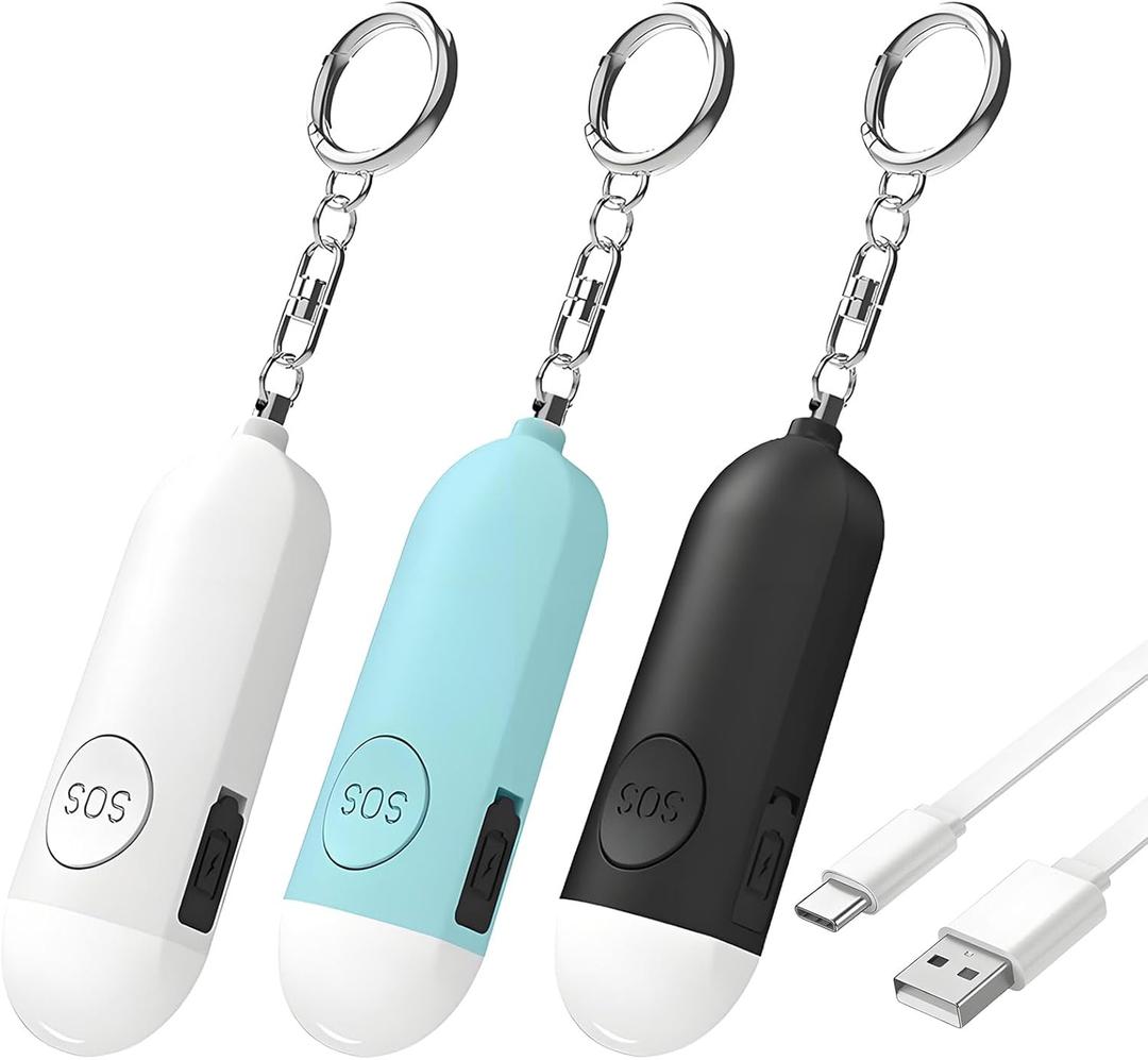 Zabree Personal Safety Alarm Strobe Light, 3 Pack Keychain Siren with Carabiner for Women, School Children, Night Runners. USB Rechargerable SOS Emergency Self Defense Alerts