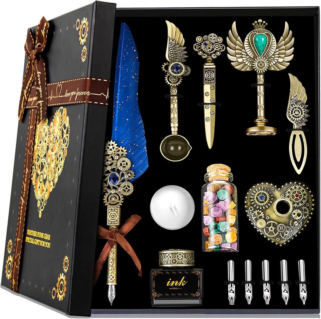 Aifeiter Quill Pen ink Set,Wax Seal Stamp Set,Calligraphy Pen ink Set,Feather Calligraphy Pen Set,Beautiful Gift Calligraphy Set,Christmas Gifts-Blue