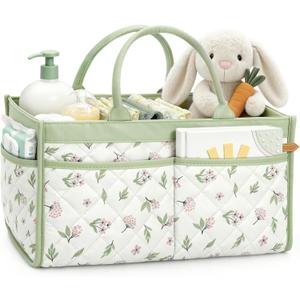 Tivellary Baby Diaper Caddy Organizer – Stylish Storage Basket for Newborn Essentials, Nursery & Diaper Station, Registry Must-Have, Sage Green Botanical