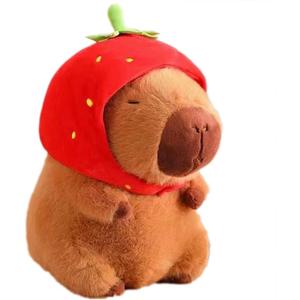Capybara Plush Toy Wear Strawberry Hat Stuffed Animal Pillow, Cute Capybara Plushie for Kids, Boys & Girls, Birthday Gift Valentines Days Easter Gift 9"