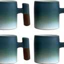 2-Oz Ceramic Espresso Cups with Wood Handle, 2/4-Piece Set for Coffee, Tea, Latte - Dishwasher Safe, Multi-Color & Wood Styles, Gift & Caf Use (blue white, Wooden Handle4)