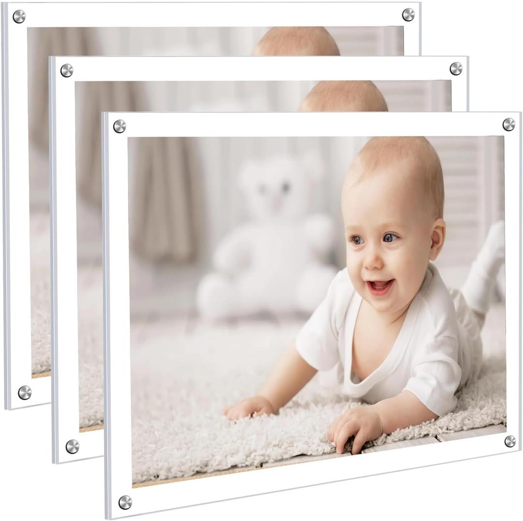 Kalami 3 Pack 8x10 Picture Frame Wall Mount Self Adhesive, Clear Acrylic No Drill Floating Frameless Poster Frame for Office Photo Canvas Document Gallery, Full Frame Size 10x11