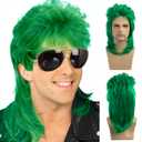 Sallcks Mens Mullet Wigs Green Curly 70s 80s Retro Cosplay Costume Wig Metal Rocker Disco Fancy Show Wigs