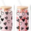 Sliner 2 Pcs Heart Glass Cups Iced Coffee Tumbler with Lid Straw 16 oz Drinking Glasses Cute Beer Can Tumbler Holiday Gifts for Home Office Decorations (Black)