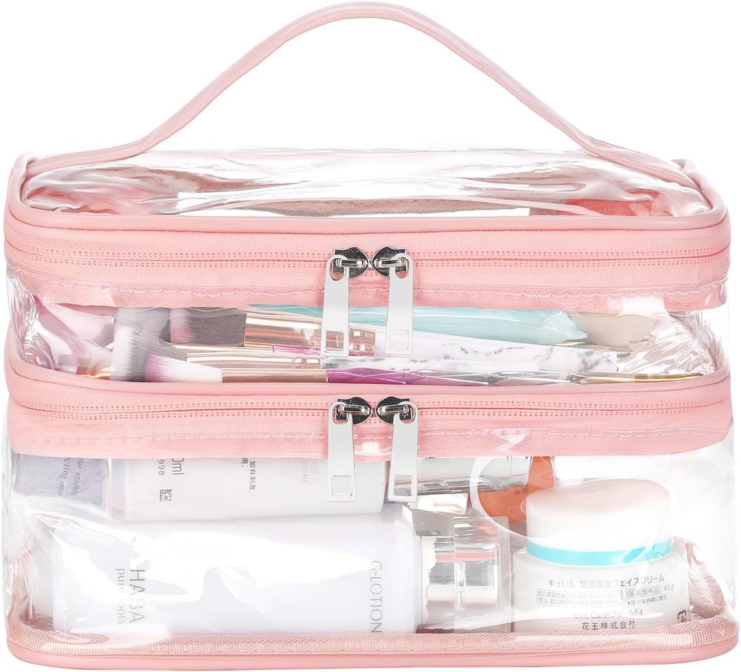HAOGUAGUA Double Layer Clear Cosmetic Bag Makeup Bag, Waterproof Travel Toiletry Bag, Transparent PVC Pouch Organizer (Pink Large) (EXP 02/04/26)