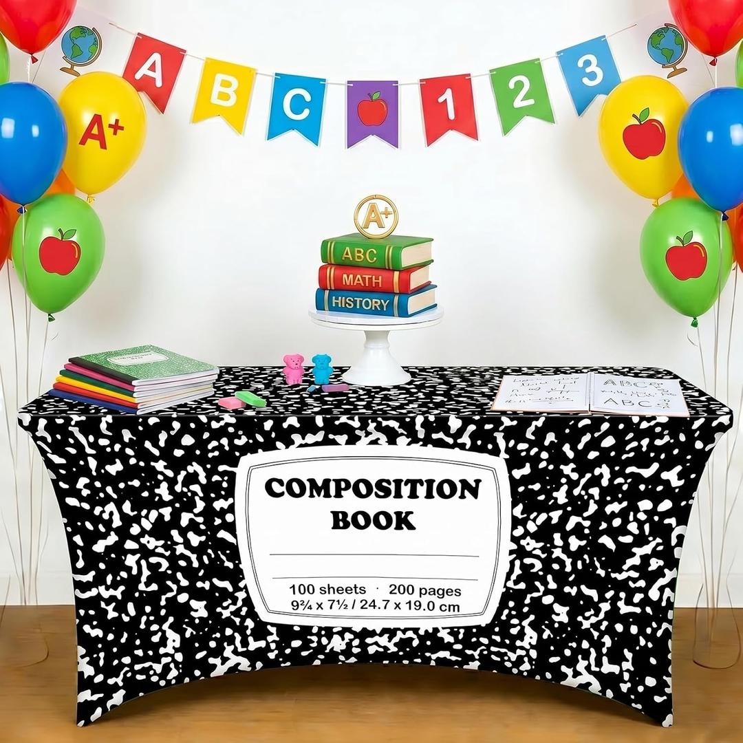 6ft Composition Notebook Spandex Tablecloth Back to School Party Decor Composition Book Stretch Spandex Table Cover Notebook Stretch Table Cloth for First Day of School Classroom Dining Room Supplies, 9.5" x 7.9"