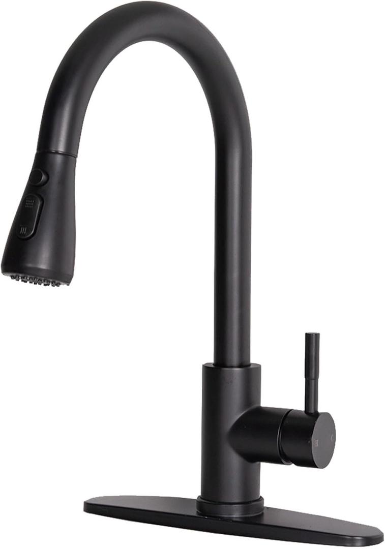 Matte Black Kitchen Faucet with Pull Down Sprayer, Single Handle Pull Out Kitchen Faucet, Stainless Steel Kitchen Sink Faucet for Bar Laundry RV Farmhouse