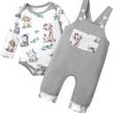 Baby Boy Clothes Long Sleeve Animal Plaid Romper + Overalls Infant Boy Clothes 2PCS Fall Winter Outfits (12-18 Months)
