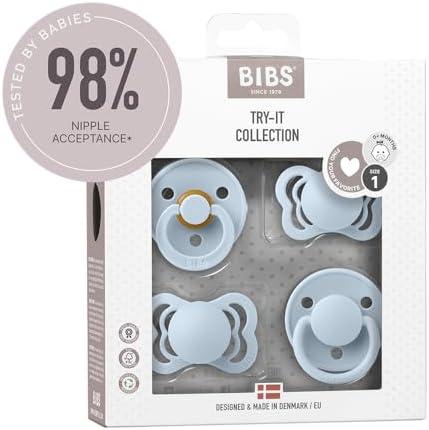 BIBS Try-It Collection | 4-Pack Soothers | BPA-Free Round, Anatomical & Symmetrical Nipple | Natural Rubber Latex/Silicone | Made in Denmark | 0-6 Months | Baby Blue