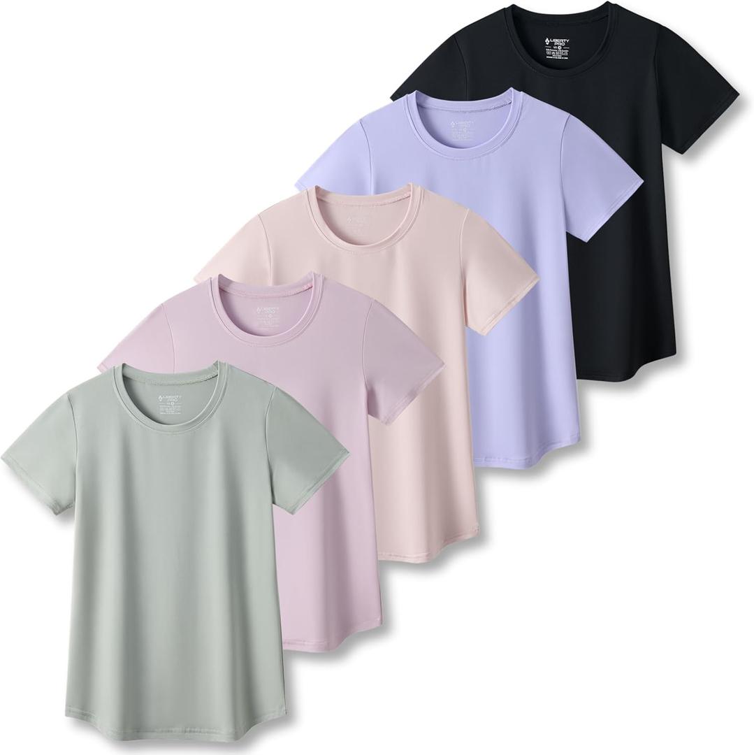 5 Pack: Women's Dry Fit Short Sleeve T Shirts, Athletic Workout Tee Tops for Gym Yoga Running (Black/Light Pink/Lilac/Pale Pink/Light Olive)